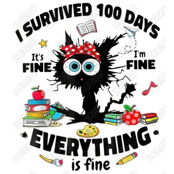 Black cat 100 Days of School DTF T Shirt Iron on Transfer