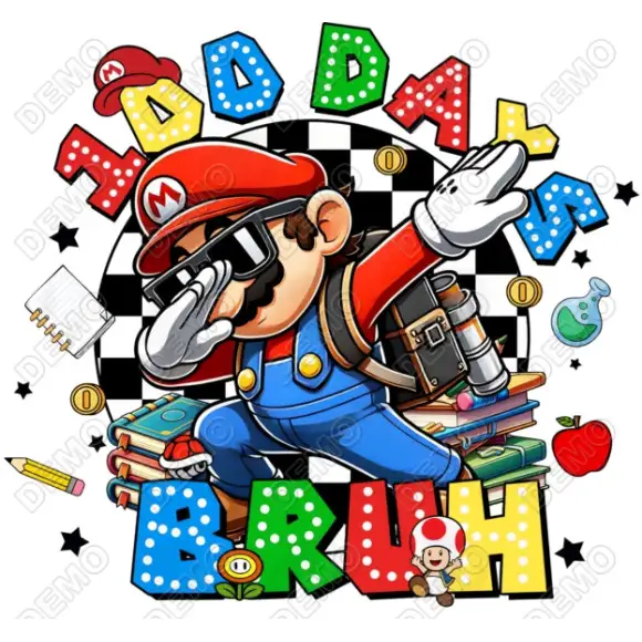 100 Days of School Mario Bruh DTF Iron on Transfer 100 Days of School Mario Bruh DTF Iron on Transfer
