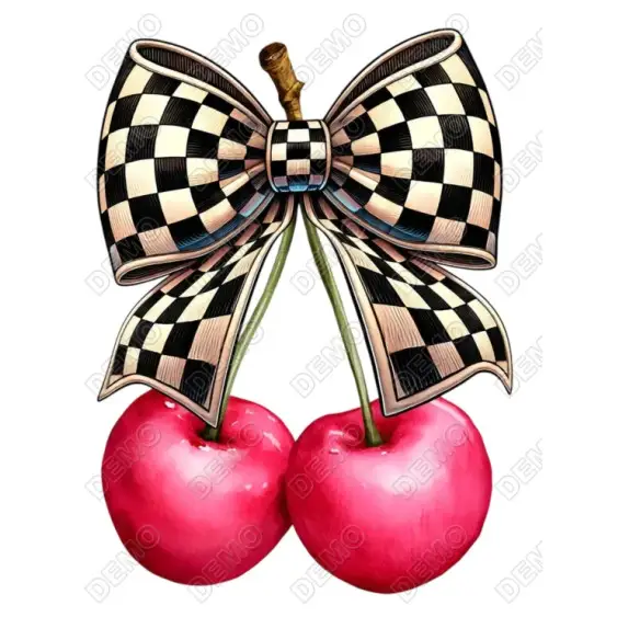 Checkered Bow Cherry   DTF  Iron on Transfer