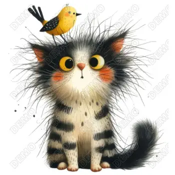 Whimsical Cat and Bird DTF Iron on Transfer 