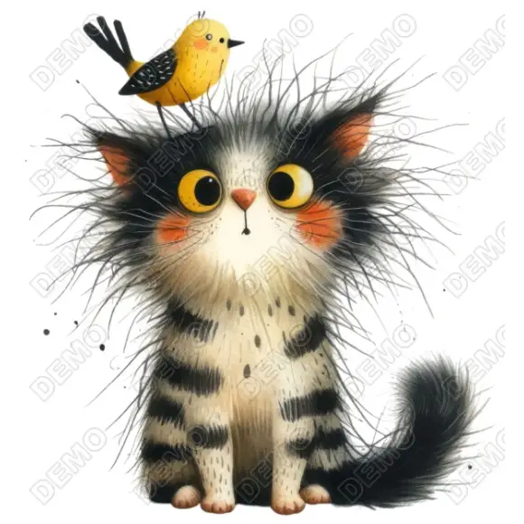 Whimsical Cat and Bird DTF Iron on Transfer