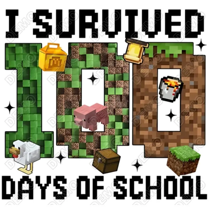 Minecraft I Survived 100 Days of School  DTF Shirt Iron on Transfer
