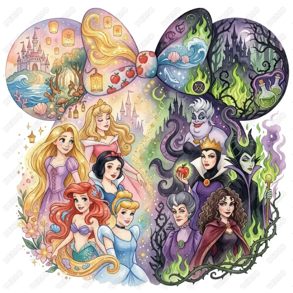 Rapunzel, Aurora, Snow White, Ariel, and Cinderella villains Ursula, the Evil Queen, and Maleficent  DTF Shirt Iron on Transfer