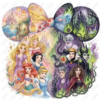 Rapunzel, Aurora, Snow White, Ariel, and Cinderella villains Ursula, the Evil Queen, and Maleficent  DTF Shirt Iron on Transfer