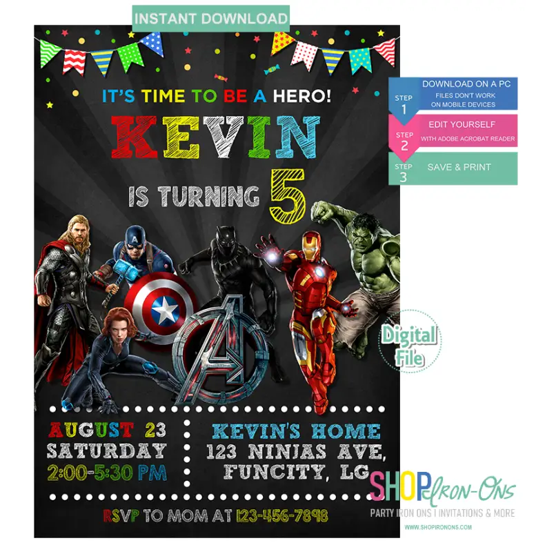 Avengers Birthday Invitation Superheros for Boy Digital Template Editable PDF + Free Thank You Card Avengers Birthday Invitation Superheros for Boy Digital Template Editable PDF + Free Thank You Card