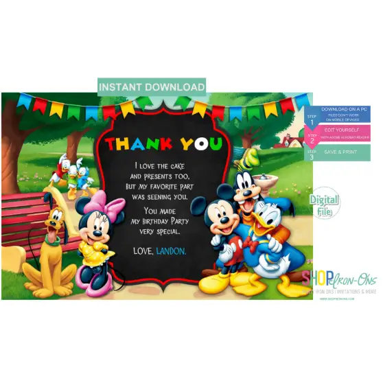 Mickey Mouse Clubhouse Birthday Invitations Instant Download Editable PDF + Free Thank You Card Mickey Mouse Clubhouse Birthday Invitations Instant Download Editable PDF + Free Thank You Card