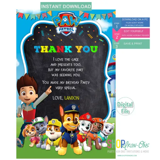 Paw Patrol Birthday Invitation Personalized Instant Download Digital Editable PDF + Free Thank You Card Paw Patrol Birthday Invitation Personalized Instant Download Digital Editable PDF + Free Thank You Card