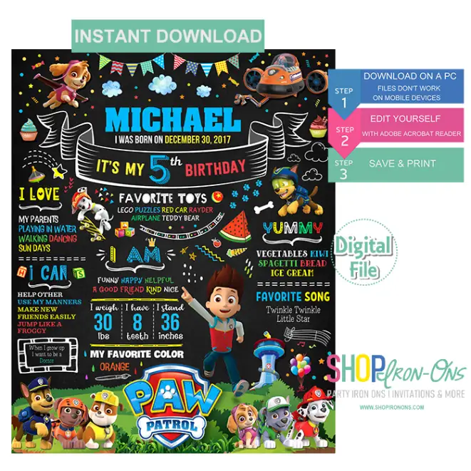 Paw Patrol Birthday Party Chalkboard Sign Boy First Birthday Board Printable Editable PDF Paw Patrol Birthday Party Chalkboard Sign Boy First Birthday Board Printable Editable PDF
