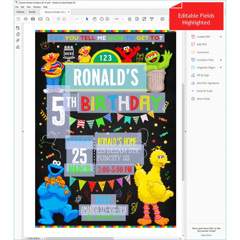 Sesame Street Birthday Party  Invitation  Digital Template   Editable PDF + Free Thank You Card
