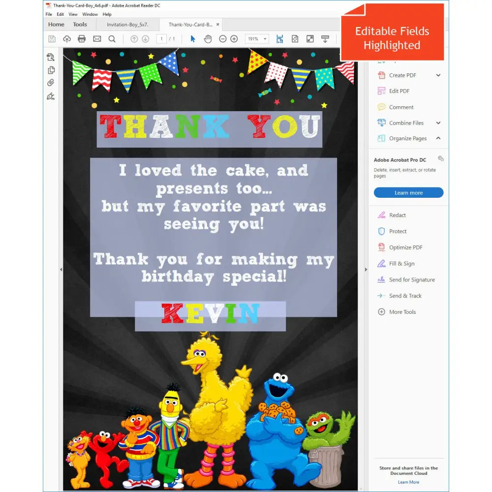 Sesame Street Birthday Party  Invitation  Digital Template   Editable PDF + Free Thank You Card
