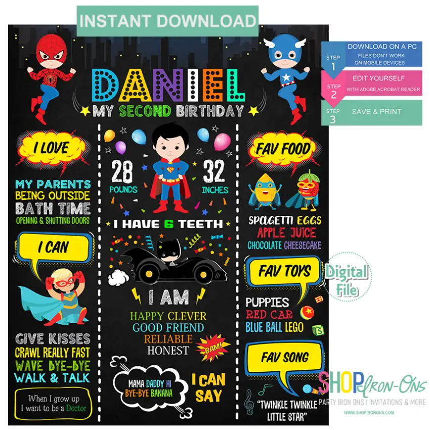 Superhero Birthday Chalkboard Superhero Signs Avengers  Party Decorations Editable PDF