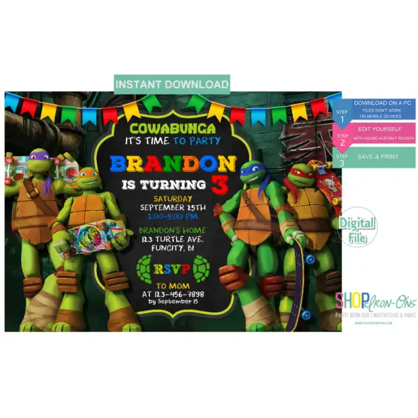 Teenage Mutant Ninja Turtle Invitations TMNT Digital Template Editable PDF + Free Thank You Card Teenage Mutant Ninja Turtle Invitations TMNT Digital Template Editable PDF + Free Thank You Card