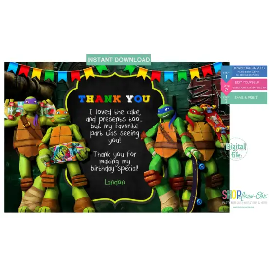 Teenage Mutant Ninja Turtle Invitations TMNT Digital Template Editable PDF + Free Thank You Card Teenage Mutant Ninja Turtle Invitations TMNT Digital Template Editable PDF + Free Thank You Card