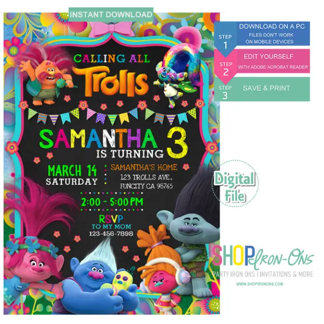 Trolls Birthday Party Invitation Digital Editable PDF + Free Cupcake Toppers Trolls Birthday Party Invitation Digital Editable PDF + Free Cupcake Toppers