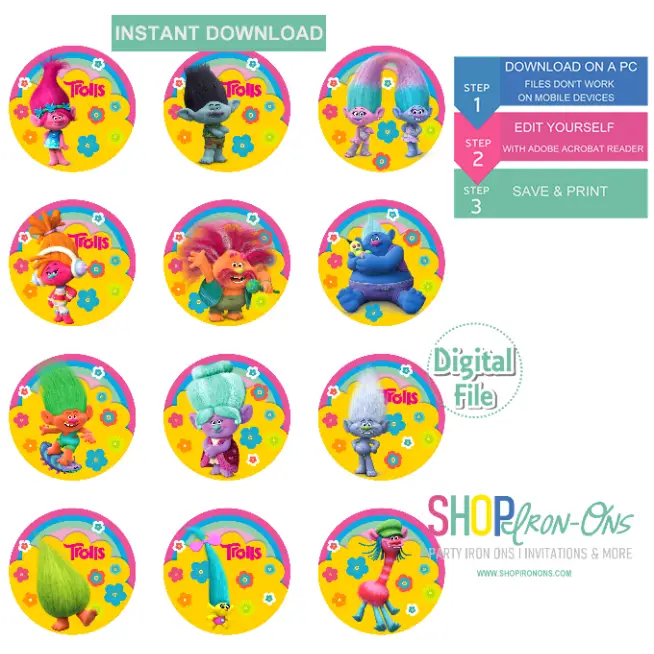 Trolls Birthday Party Invitation Digital Editable PDF + Free Cupcake Toppers Trolls Birthday Party Invitation Digital Editable PDF + Free Cupcake Toppers