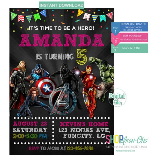 Avengers Birthday Invitation Superheros for Girl  Digital Template  Editable PDF + Free Thank You Card