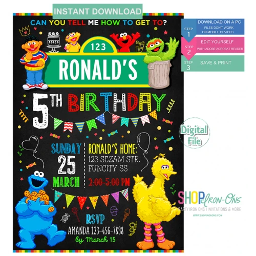 Sesame Street Birthday Party  Invitation  Digital Template   Editable PDF + Free Thank You Card