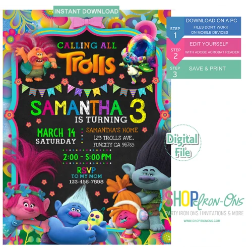 Trolls  Birthday Party  Invitation  Digital Editable PDF + Free  Cupcake Toppers