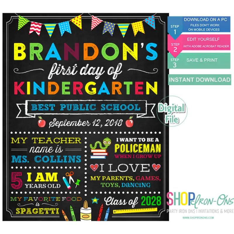 First Day Of Kindergarten School Chalkboard Sign Reusable